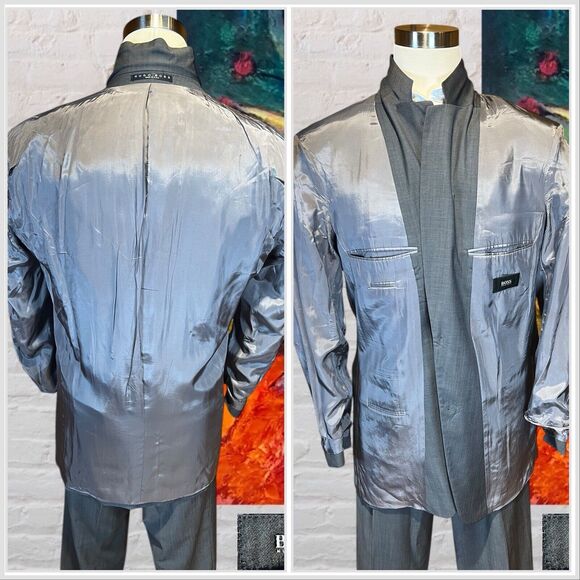 Hugo Boss 44L 38x29 Steel Gray Nailhead 2 Piece Quality Suit Set Virgin Wool - Picture 5 of 16